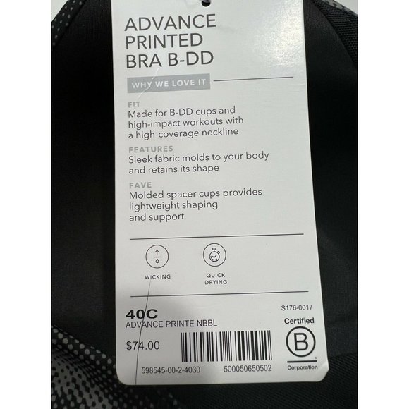 NWT ATHLETA Printed Advance Bra B-DD Sz 40C Black Gray Adjustable Straps - Picture 3 of 5
